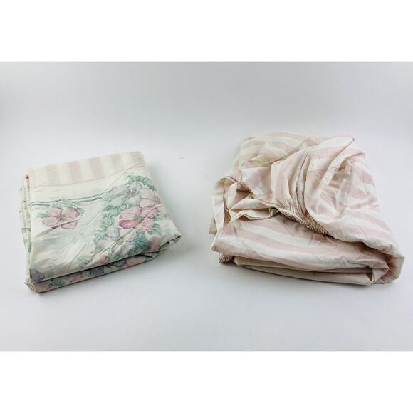 Vintage Sanderson Queen Flat Fitted Sheet Pink Floral Stripes No Iron Made USA - Picture 6 of 9